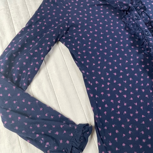 Boden Navy Button Down Shirt with Pink Flower Pattern and Ruffle Accents 12 - Picture 9 of 10